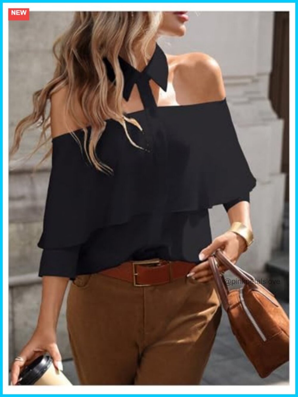 Off Shoulder Button Down Blouse Ruffle Sleeve Keyhole Top Polyester - Picture 3 of 4